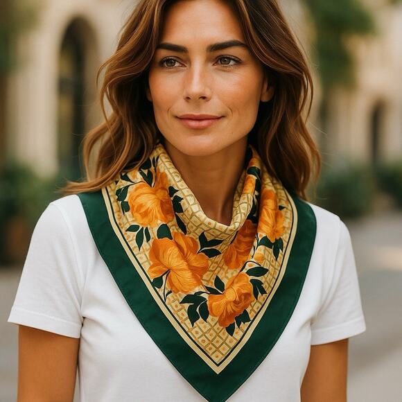 Vintage 70s Floral Scarf Orange Peony Mod Boho Chic Square 26" Retro Glam - Picture 3 of 5